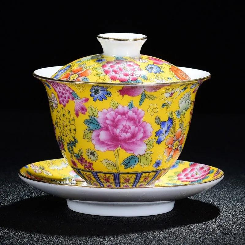 Chinese Kungfu Gaiwan Tea Tureen Intricately Designed Dragon and Phoenix Tea Cups with Elegant Ceramic Color Enamel Teaware