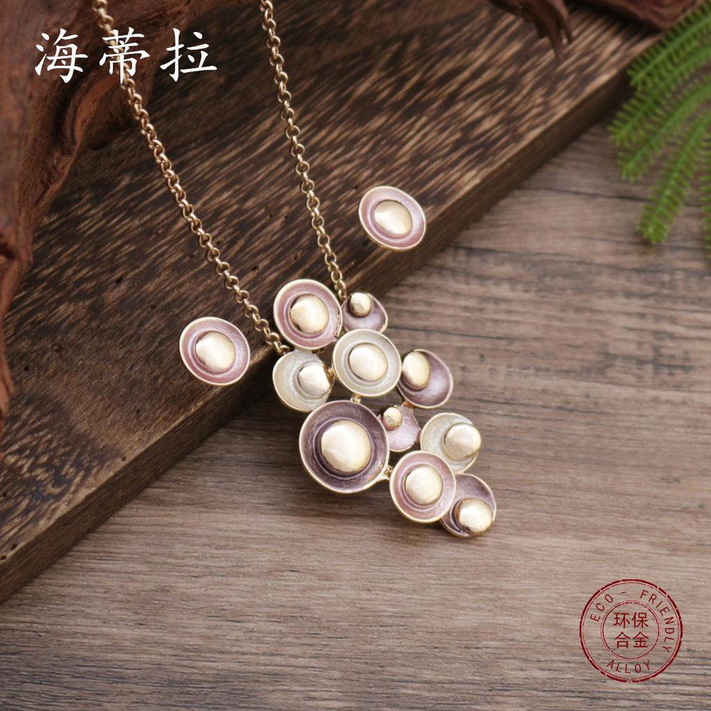 New Enamel Round Flower Stud Earrings Pendant Set, Women's High-end Glossy Enamel Necklace.