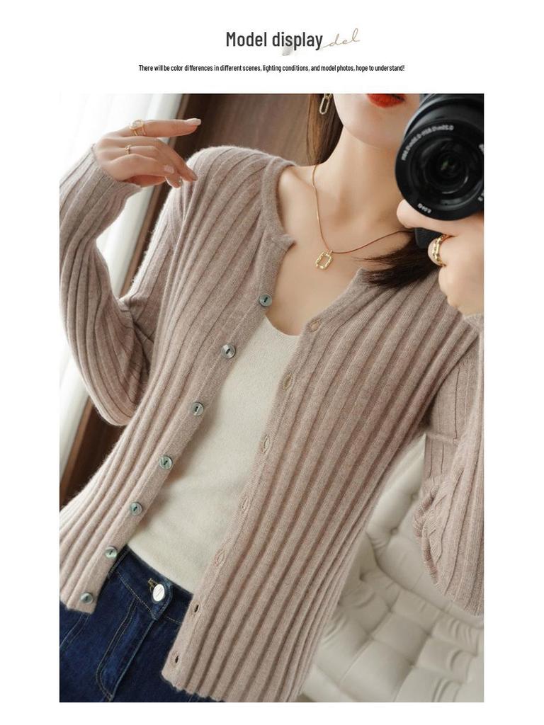 Women's Ribbed V-Neck Knitted Cardigan - Loose Thin Plus Size Sweater Coat
