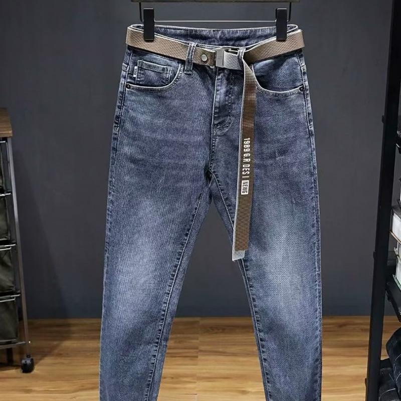 American high street embroidered jeans men's summer new loose men's pants trendy brand ruffian handsome slim-fitting elastic straight-leg pants