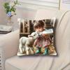 2D Flat- Rustic Farm Nursery Decor Pillow Cover Cute Little Girl Feeding Baby Lamb Throw Pillow Case for Home Sofa Bedroom
