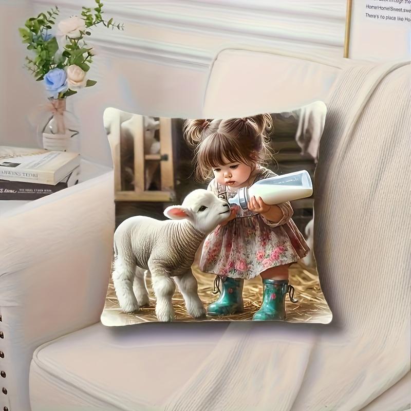 2D Flat- Rustic Farm Nursery Decor Pillow Cover Cute Little Girl Feeding Baby Lamb Throw Pillow Case for Home Sofa Bedroom