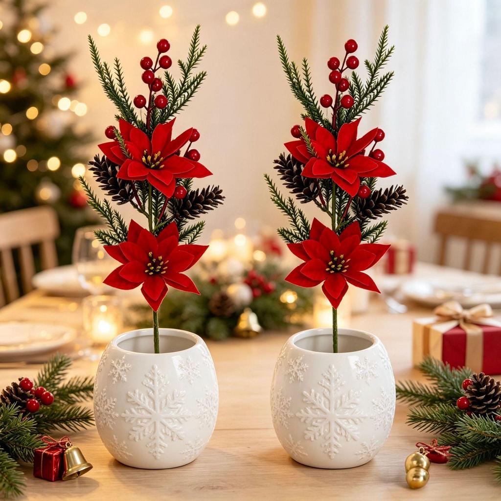 Artificial Holiday Holly Leaf & Poinsettia Arrangement with Pine Cones