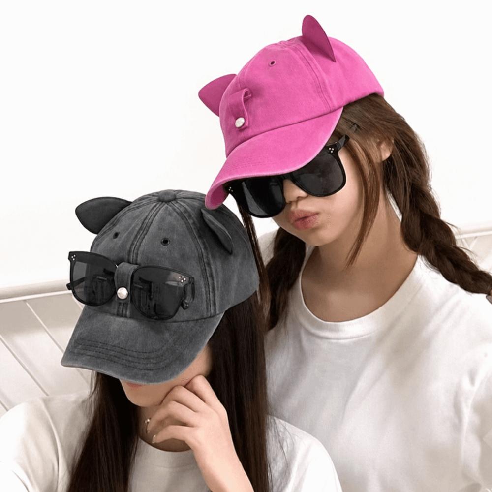 Cute Cat Ears Baseball Cap Breathable Duck Tongue Cap Fashion Sunshade Cap with Sunglasses  Travel