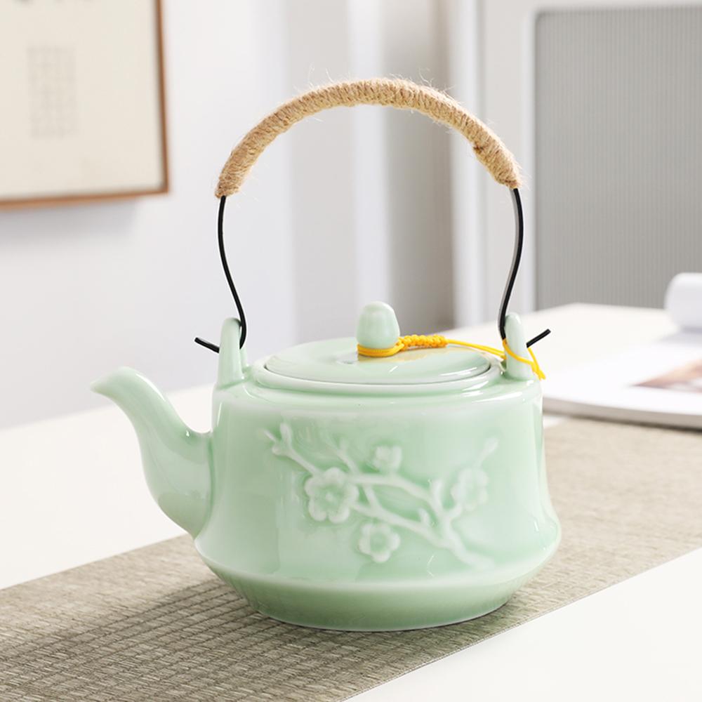 Blue Ceramic Teapot, Large capacity cooling water kettle, Brewing tea pot with tea strainer, Restaurant handle style tea kettle