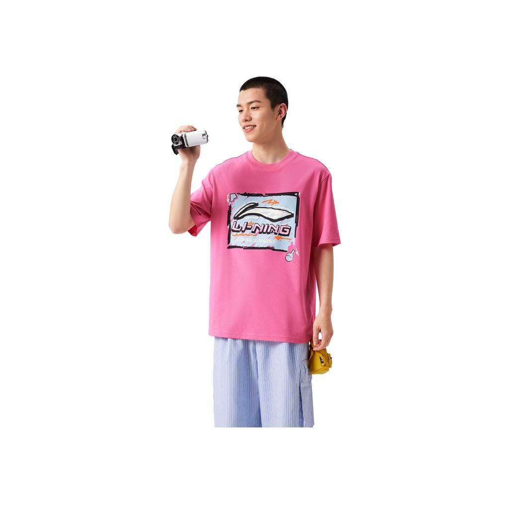 Li-Ning Comfortable Simple Letter Round Neck Breathable Versatile Loose Short Sleeve T-Shirt Men Tops Energy-Pink Square ATSV507-9