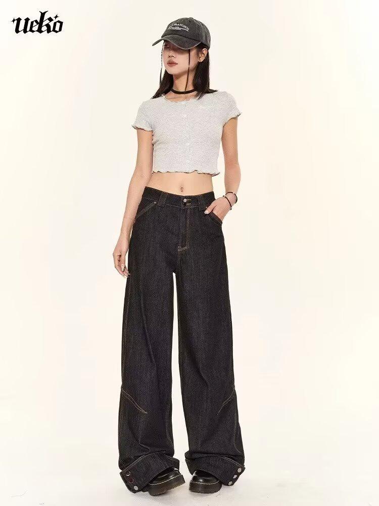 2024 Unisex Washed Black Retro High-Waist Loose Wide-Leg Mopping Jeans