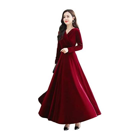 [ZHONGJUE] Dress, Women s, Long Dress, Long Sleeve, Cache-coeur, V-Neck, Velvet, Beautiful Dress, Wedding, Formal, Elegant, Party Dress, Large Size