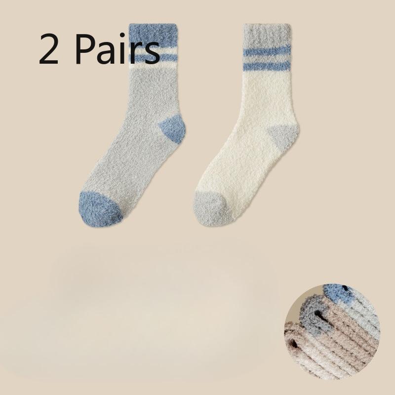 2 Pairs Coral Fleece Socks for Men, Mid-calf  for Autumn and Winter, Fleece and Thickened Floor Socks, Color-blocking Warm Home Sleeping Long Socks