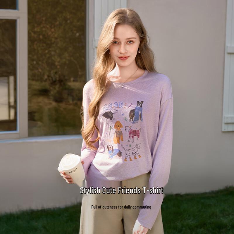 Xiangying Women's Puppy Print Long Sleeve T-Shirt