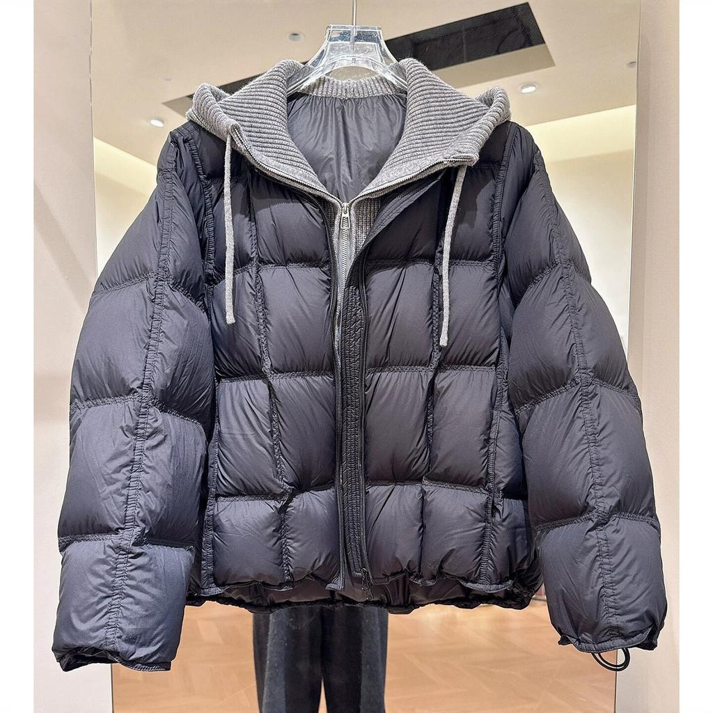 Knitted Hooded Puff Cotton-padded Clothes for Women's New Fake Two-piece Loose Cotton-padded Clothes, Warm and Thickened Cotton-padded Jacket.