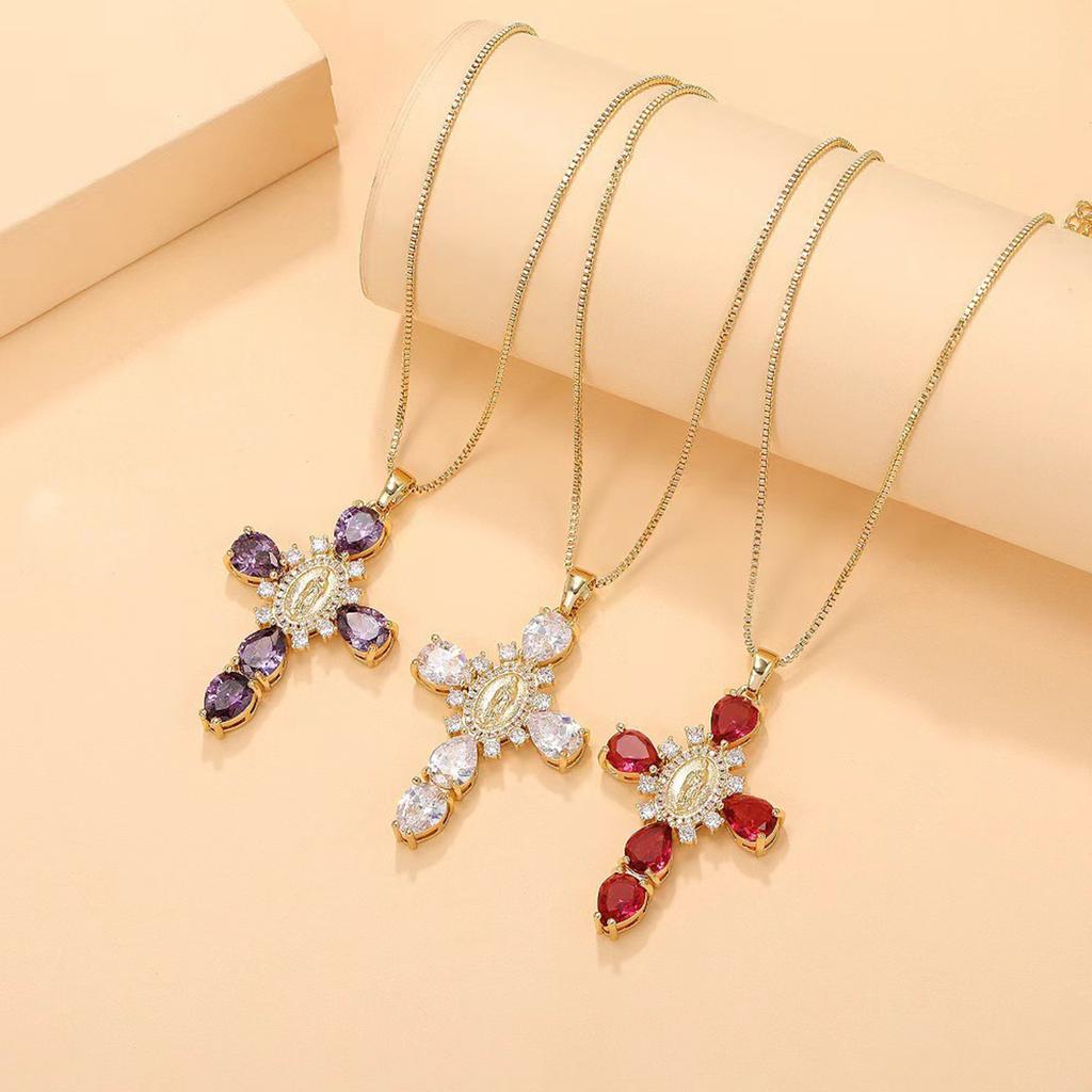Divine Virgin Mary Crosses Charm Necklace with Shimmering Stones Neck Accessory for Fashion Forward Individuals