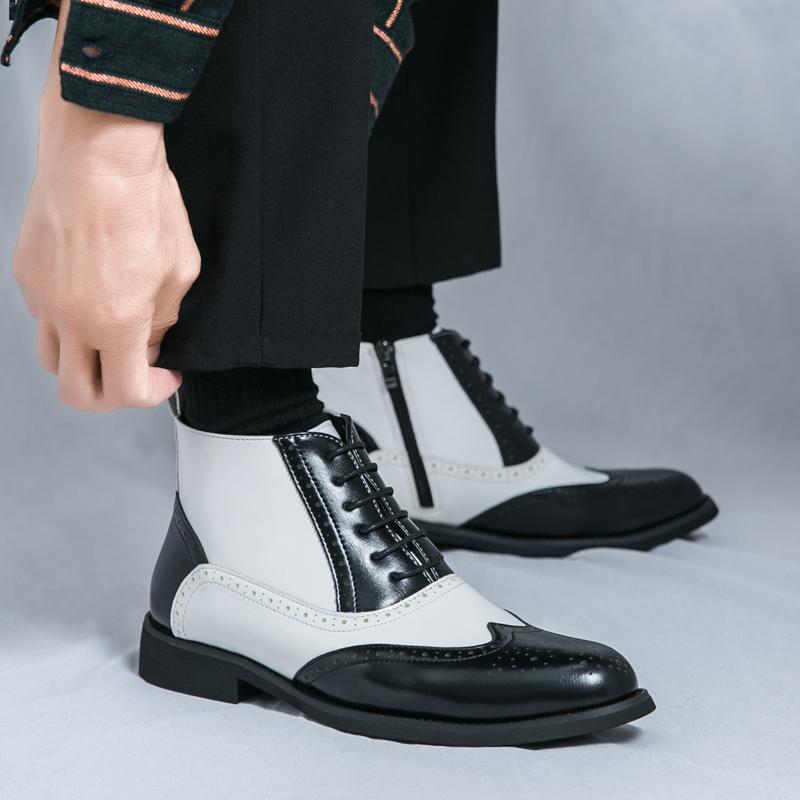 Men Brogues Boots Motorcycle Casual Ankle Boots Wingtip Dress Formal High Top Black White Leather Boots Over Sized