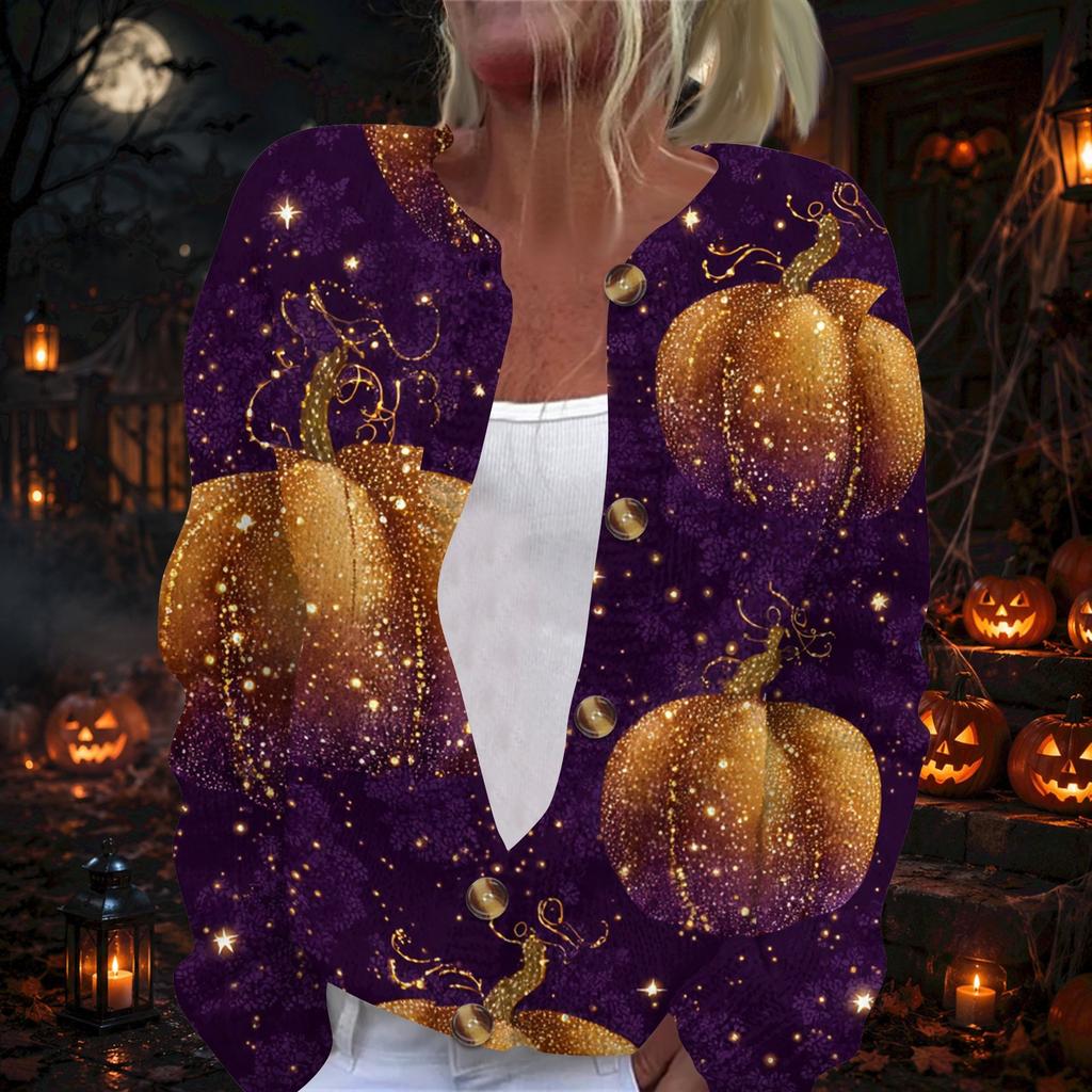 Women's Halloween Print Long Sleeve Knit Cardigan Button Front
