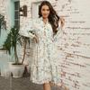 Autumn Winter Women Long Sleeve Print Elegant V-neck Casual A-Line Knee-Length High Waist Dress