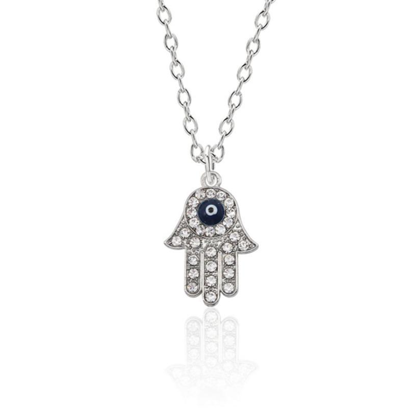 Turkish Hamsa Hand Fatima Crystal Necklace For Women Men Evil Eye Necklaces Gold Clavicle Long Chain Lucky Jewelry