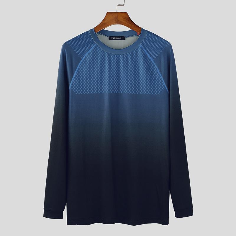 

INCERUN Men O Neck Long Sleeve Polka Dots Print Gradient Tops Slim Undershirts 3XL синій