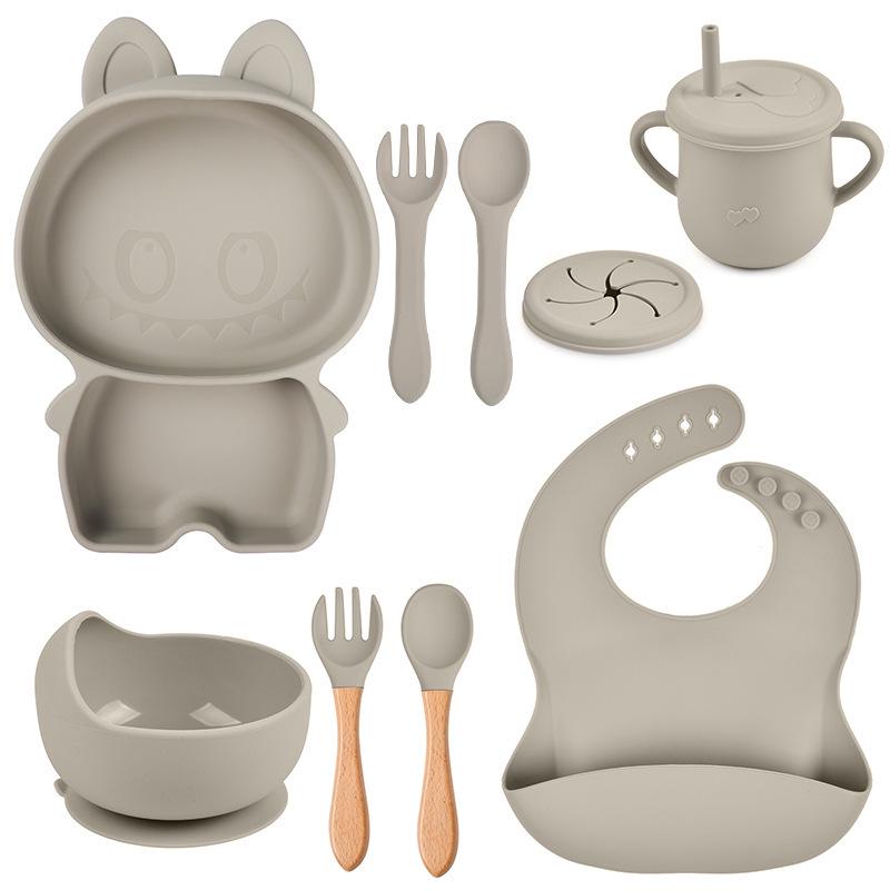 Baby Silicone Dinnerware Set: Silicone Bowl, Cartoon Plate, Bib, Divided Stainless Steel Spoon, Fork, Cup.