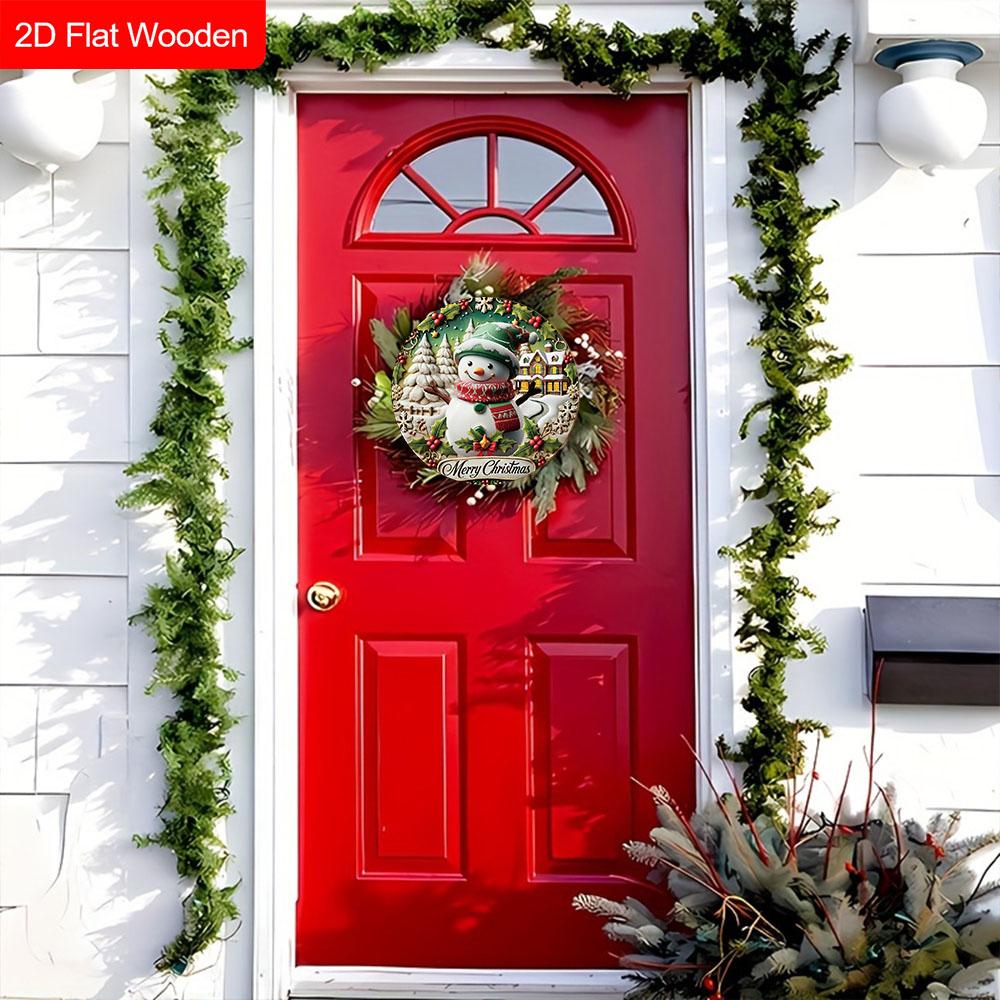Weihnachts-Holzschild mit entzückendem Schneemannmuster - Frohe Weihnachten Rundes Schild für Haustür, Wandbehang-Dekor - Ideale Weihnachtsdekoration