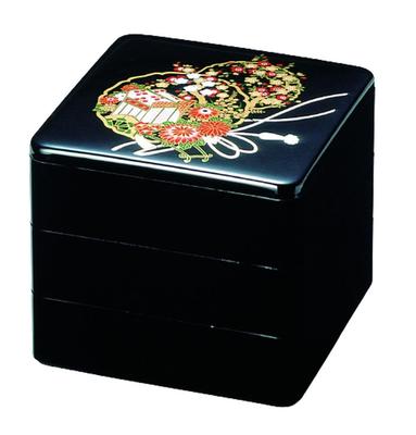 J-kitchens 3 Katlı 6 İnç Jubako (Bank Kutusu), Siyah, Çiçekli Goshoguruma Tasarımı, 18,1cm x 18,1cm x 16,3cm, Japonya'da Üretilmiştir