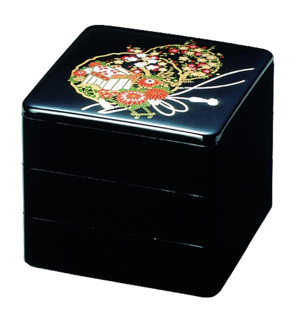 J-kitchens 3-Tiered Jubako Box, 6.5 inches, Black Flower Goshoguruma Design, 19.6cm x 19.6cm x 17.5cm, Made in Japan