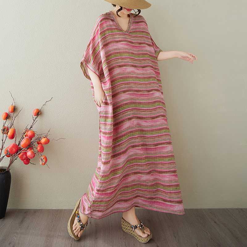 Vestido Largo Vintage para Mujer con Estampados de Algodón y Lino