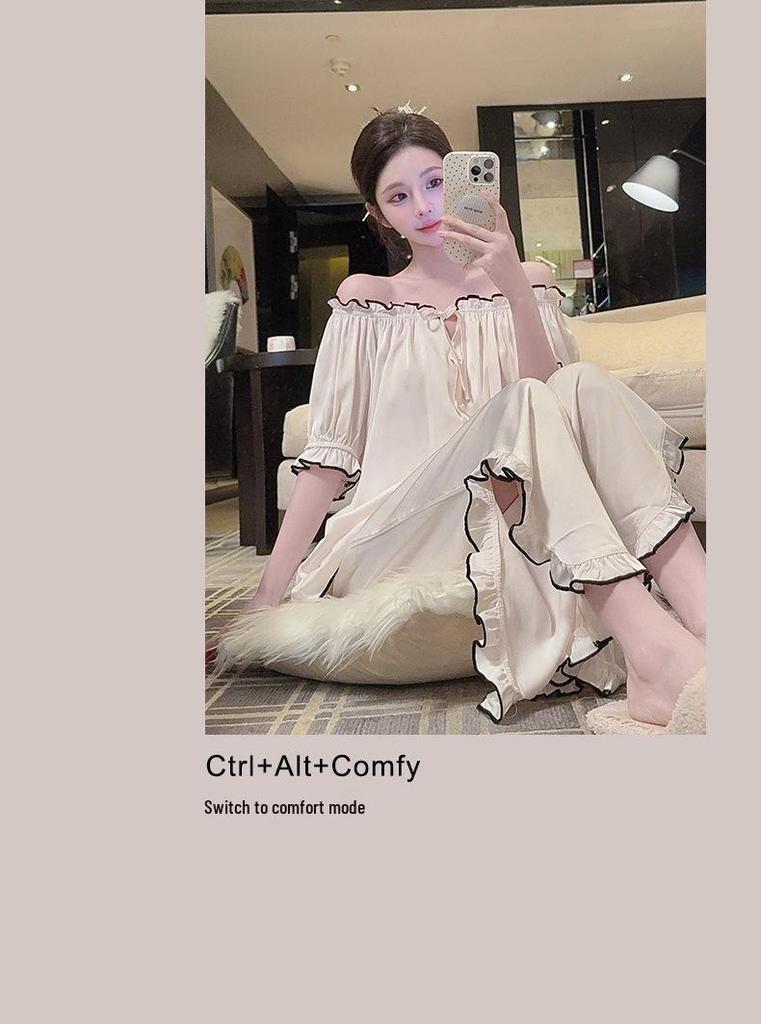 Ice Silk French Sweetheart Pajama Set - Short Sleeve, One-Shoulder, Women's Summer Loungewear