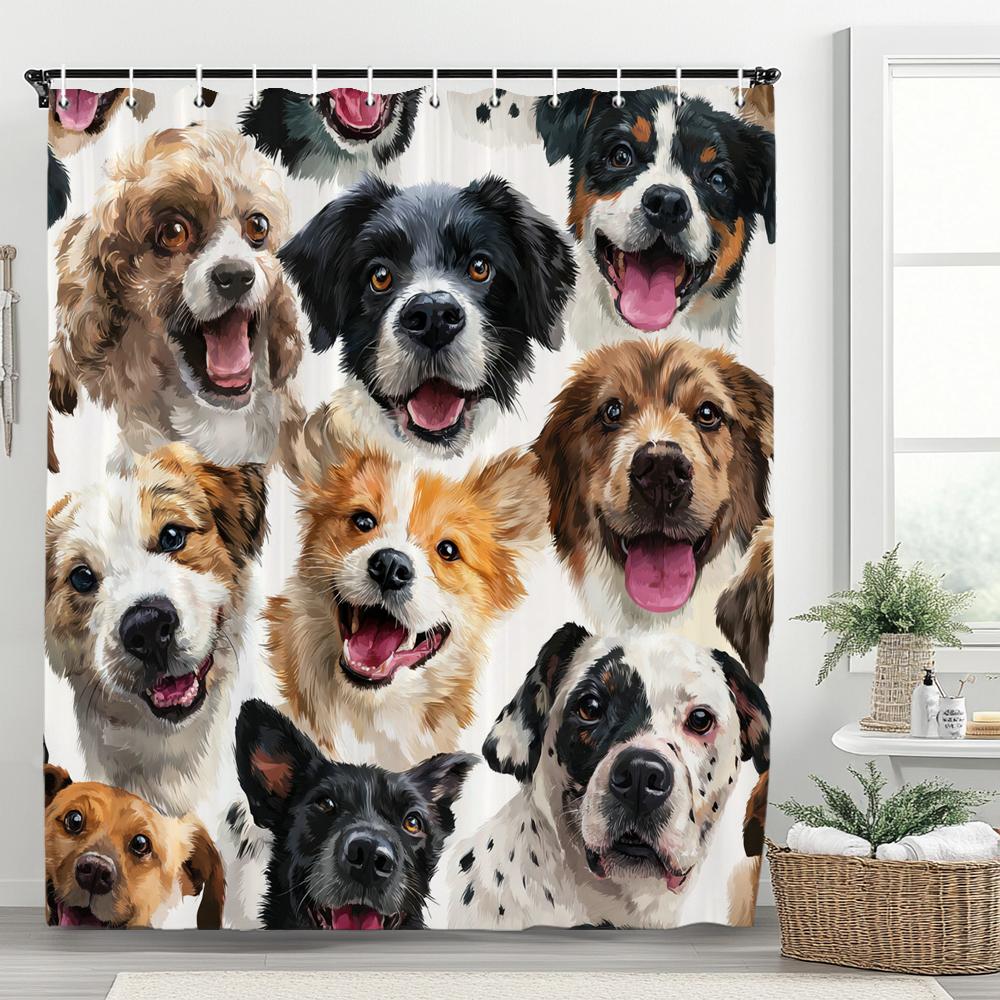 1 piece Cartoon Cat Shower Curtain, Cute Cat and Dog Bathroom Decorative Curtain, Home Printed Polyester Curtain with Hooks