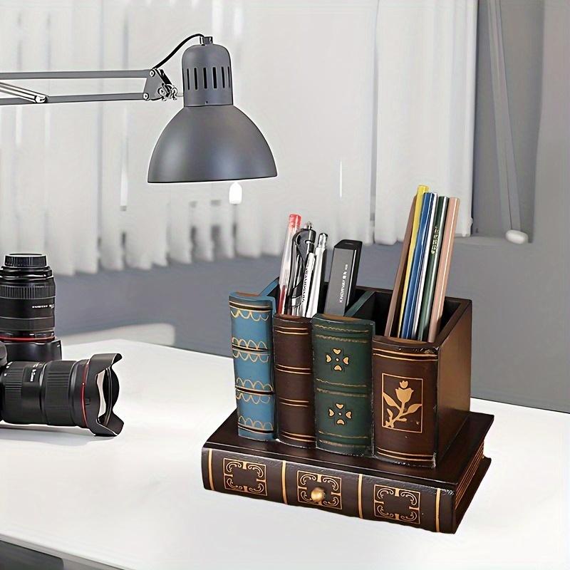 Vintage Wood Book-Shaped Pen Holder - Multifunctional Retro Desktop Organizer & Decoration for Office & Home
