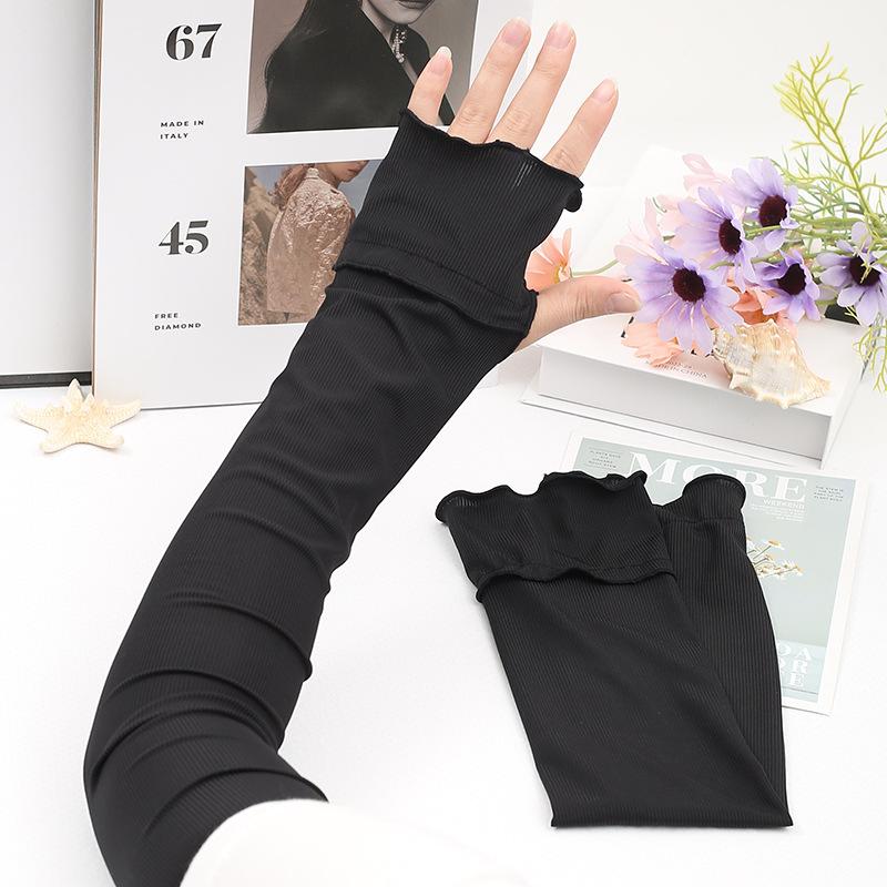 

Ruffled Edge Long Arm Sleeves Sun Protection Fingerless Sleeves for Daily Outfit and Outdoor Use Summer Ice Silk Sunscreen One Size чорний