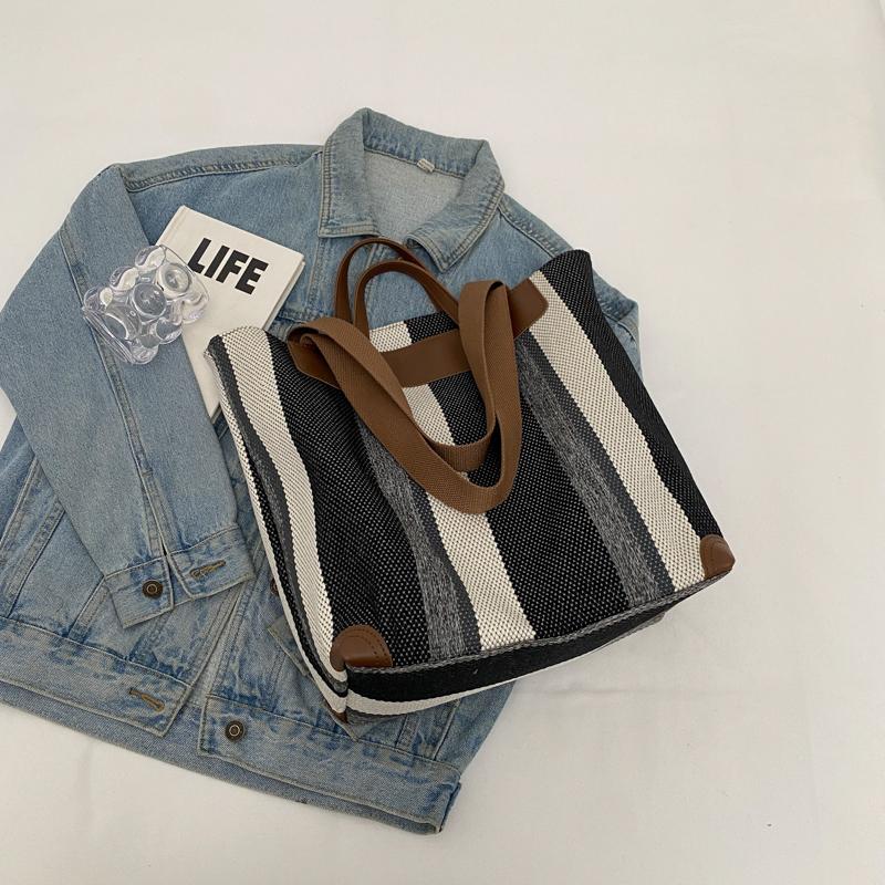 Canvas Bag Large Capacity Shoulder Bag for Female Striped Tote Bag