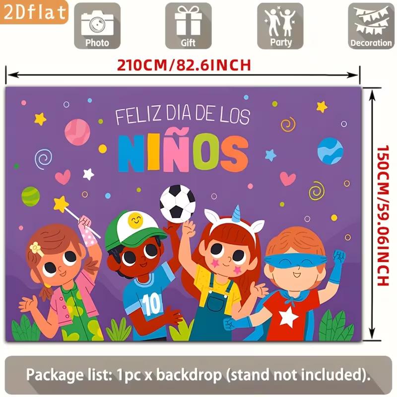 2D Feliz Dia De Los Ninos Backdrop, Happy Children's Day Cartoon Kids Photography Background Banner