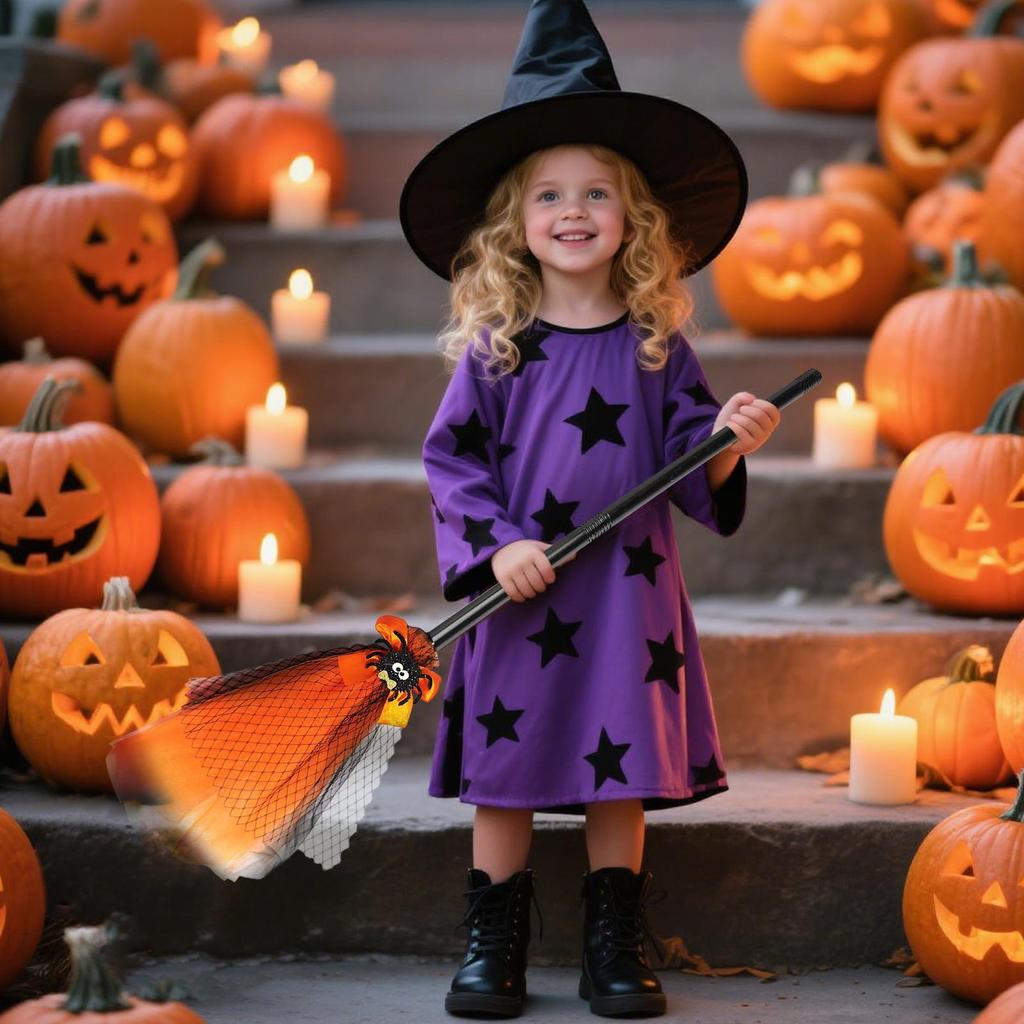 Kids Witch Broom Witch Costume Toy Broom for Girls Cosplay Props Pretend Play Accessories for Trick-or-Treat Children Boys