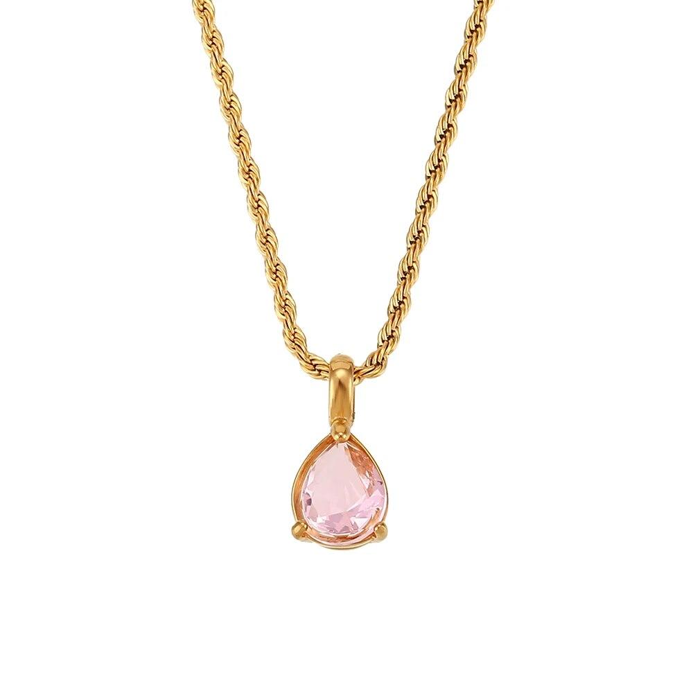 2022 Waterproof Fashion Birthstone Necklace Jewelry Gift For Women 12 Colors Zircon Waterdrop Pendant Necklace with Rope Chain