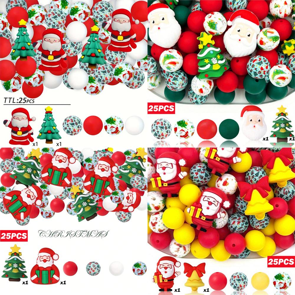 25/40PCS Christmas themed silicone bead set, perfect for DIY handmade crafts such as keychains, necklaces, bracelets, etc