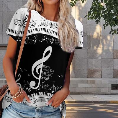 Women Summer T Shirt Musical Note Print Retro Fashion Short Sleeve Tees Casual   Printed  Tops