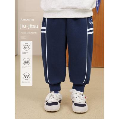 Boys' Casual Pants with Drawstring, Fleece-Lined, Thickened Sweatpants, Winter Pants, Children's Clothing, Trendy