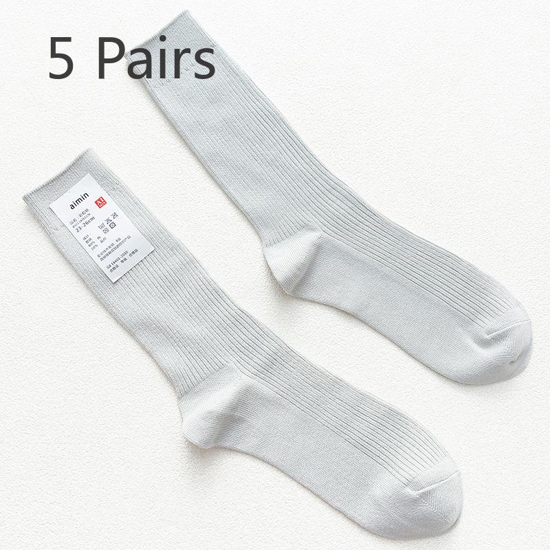 5 Pairs of Men's Retro Sweat-absorbing Vertical Striped Plain Color Cotton Mid Calf Socks