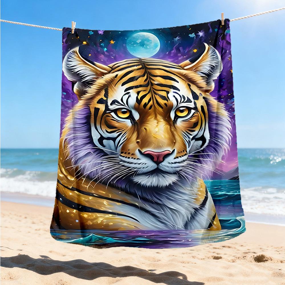 1pc Tiger Moon Night Throw Blanket Polyester Fiber, Lightweight Flannel, Soft & Warm, All Season Use for Outdoor, Camping
