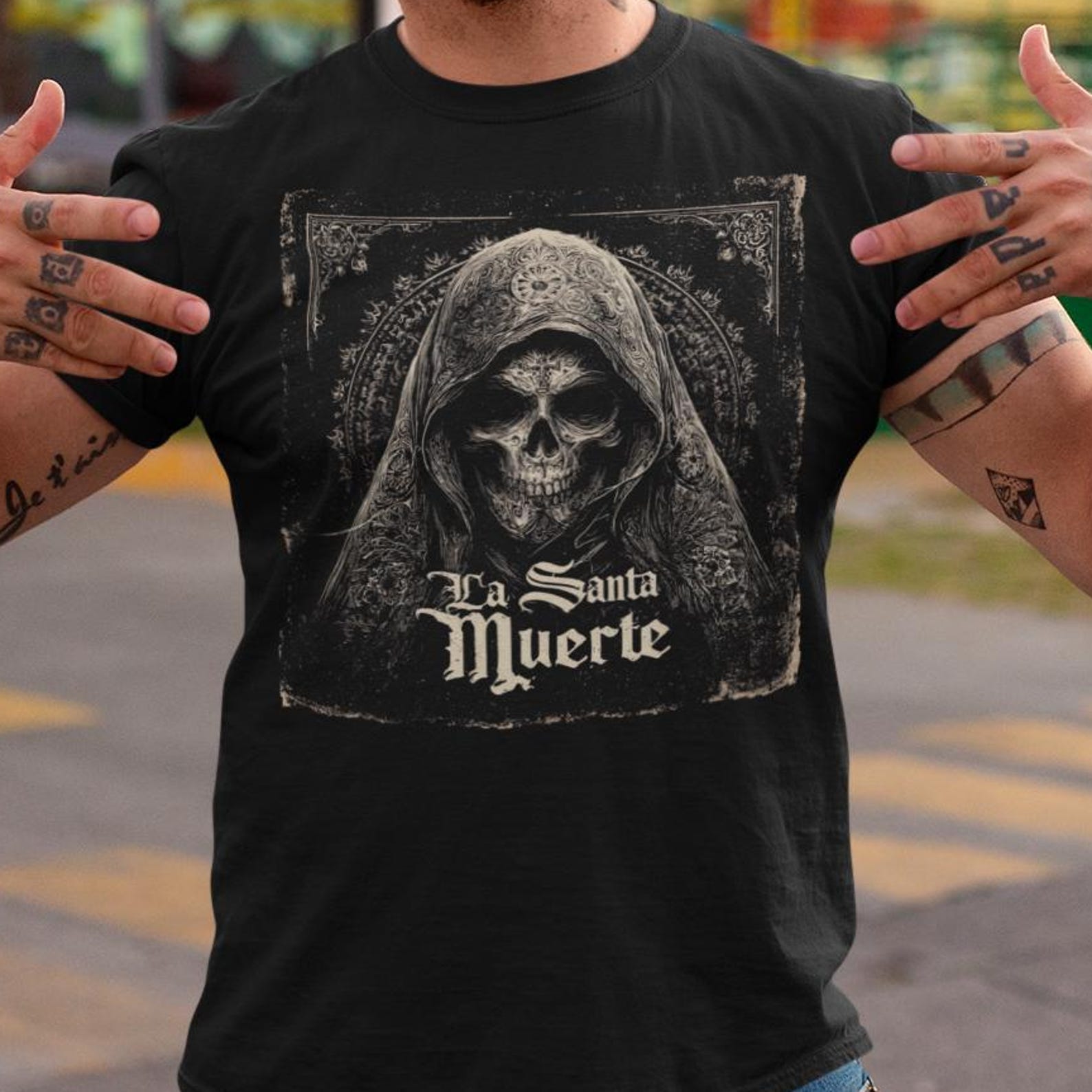 Santa Muerte Gothic T-Shirt: Grim Reaper Shirt, Dia de los Muertos Tee, Mexican Folk Art Skeleton Top S