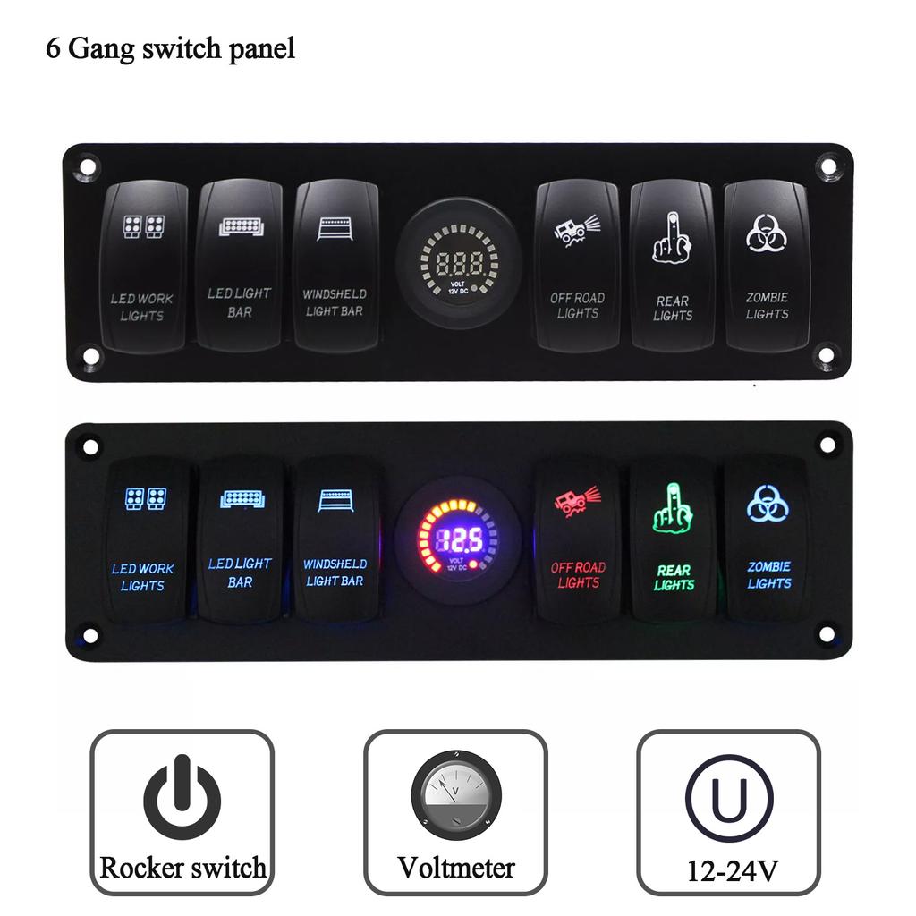 2024 Fargerike 12V 6 Gangs Vippebryter Panel Strømbryter LED Voltmeter RV Bil Marine Båt Bryter Panel Led Bryter Panel Auto