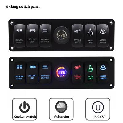 2024 Colorful 12V 6 Gang Rocker Switch Panel Circuit Breaker LED Voltmeter RV Car Marine Boat Switch Panel Led Switch Panel Auto