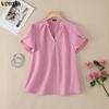 VONDA Summer Women V Neck Short Sleeve Solid Color Casual Blouse Tops