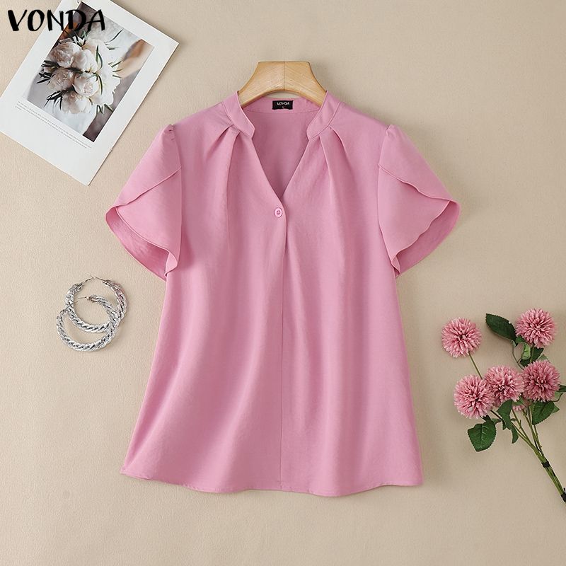 

VONDA Summer Women V Neck Short Sleeve Solid Color Casual Blouse Tops 2XL рожевий