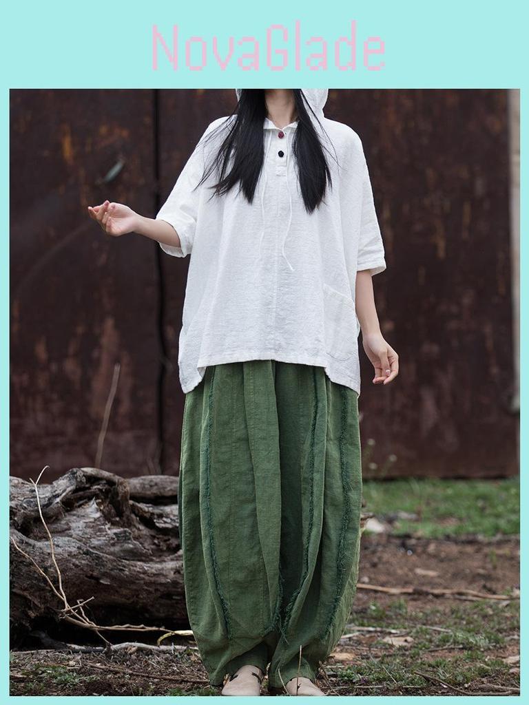 Vintage Style T Shirt For Women With Cotton Linen Fabric Autumn Casual Wear