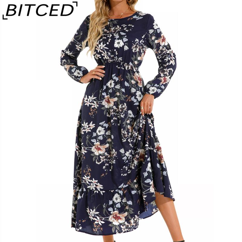 BITCED Spring Summer Bohemian Women Maxi Dress Casual Long Sleeve High Waist Beach Dress Women Floral Chiffon Dresses Vestidoes Mujer New