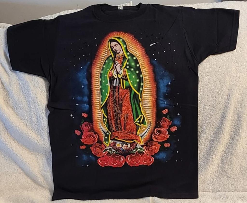 OUR LADY OF GUADALUPE STARS ROSE FLOWER SKY RELIGION VIRGIN MARY T-shirt