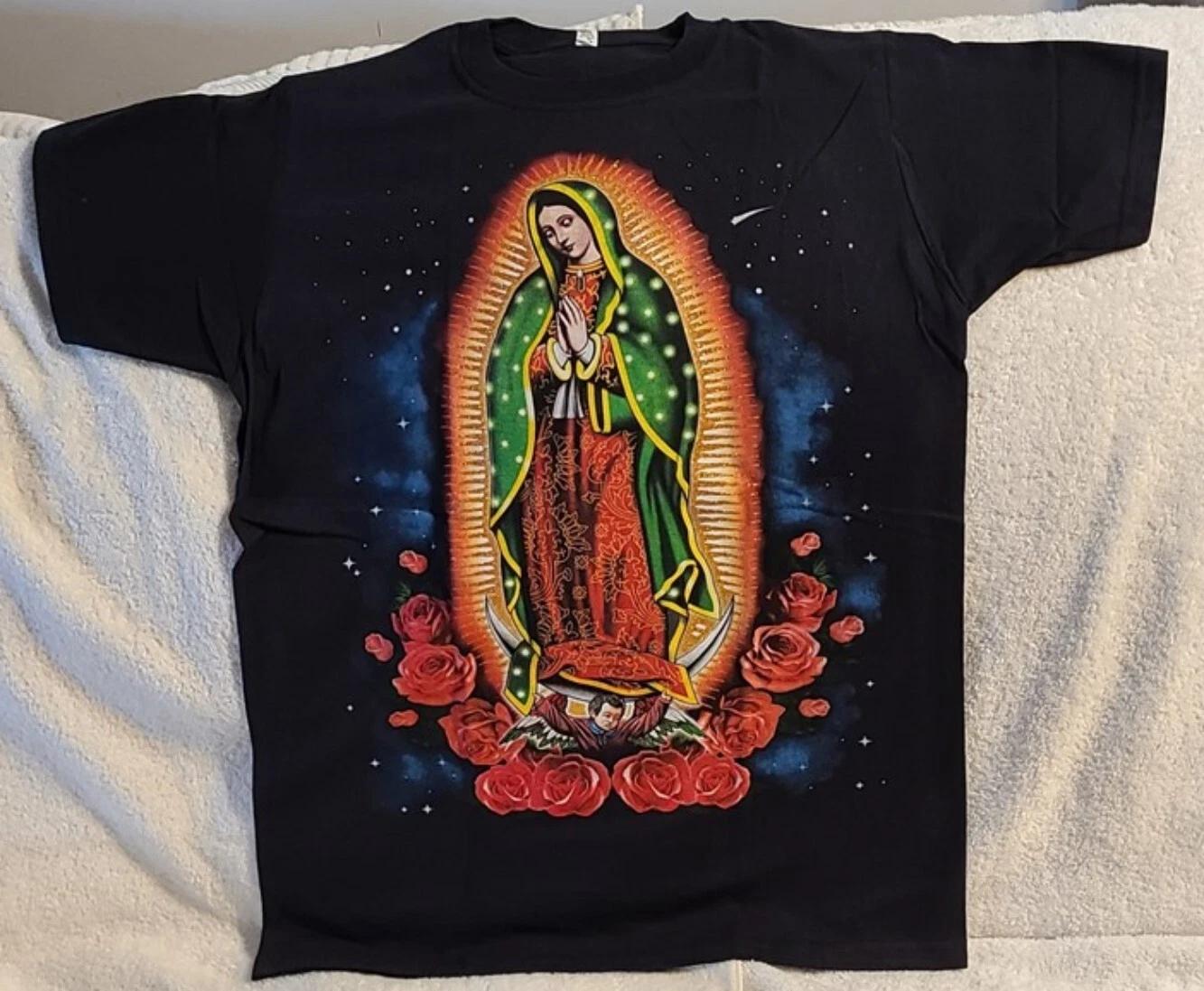 OUR LADY OF GUADALUPE STARS ROSE FLOWER SKY RELIGION VIRGIN MARY T-shirt S