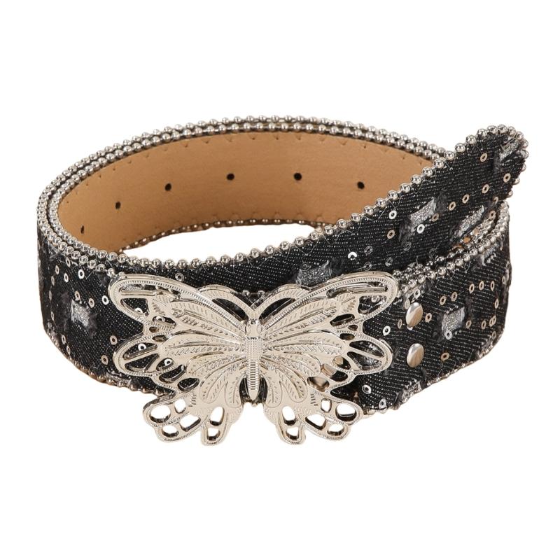 Punk PU Waist Belt for Jean Heavy Duty Hip Hop Belt Waistband Glinting Buckle with Encrusted Butterfly