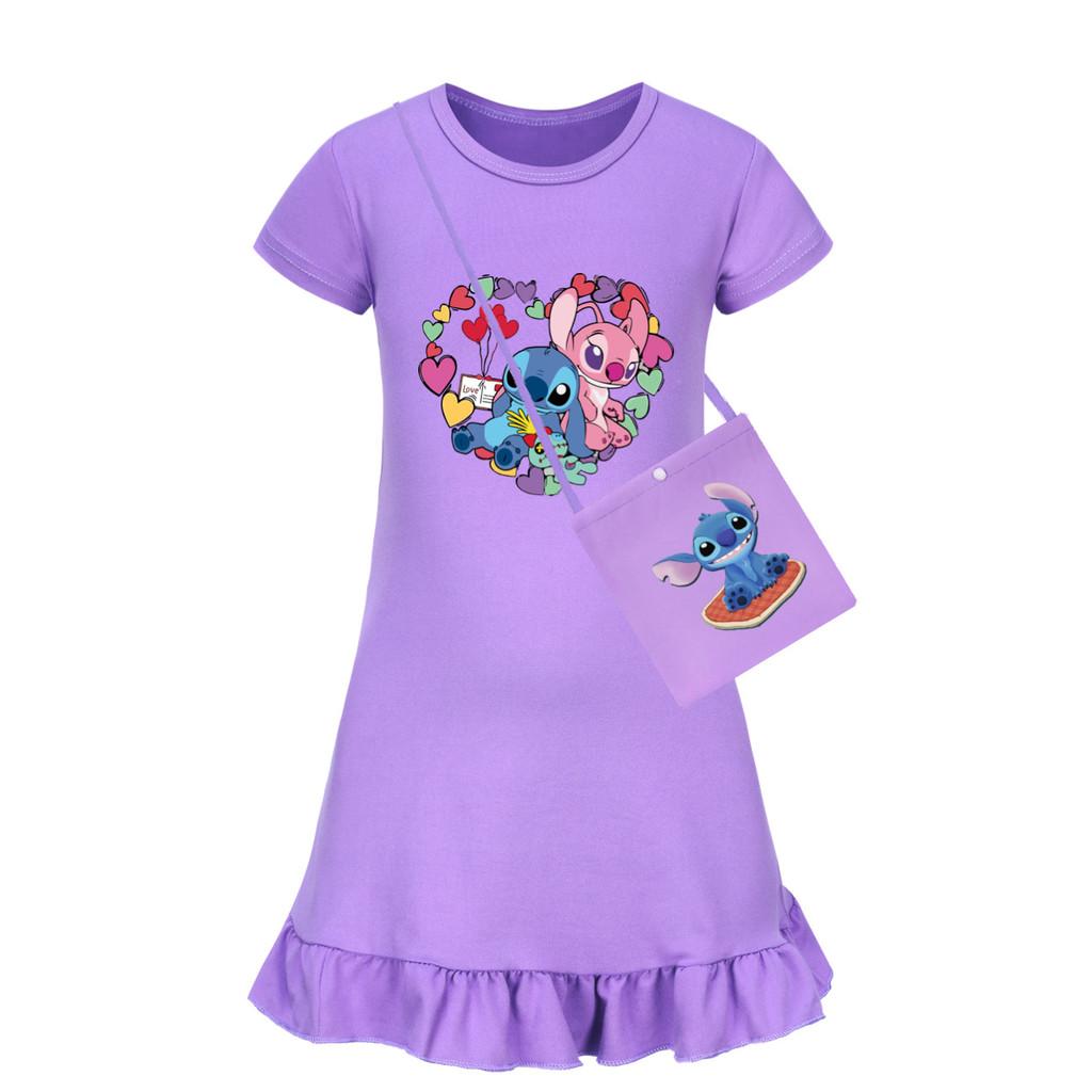 Girl Stitch Pattern Short Sleeve Nightdress With Ruffle Hem For Kids Fashion
